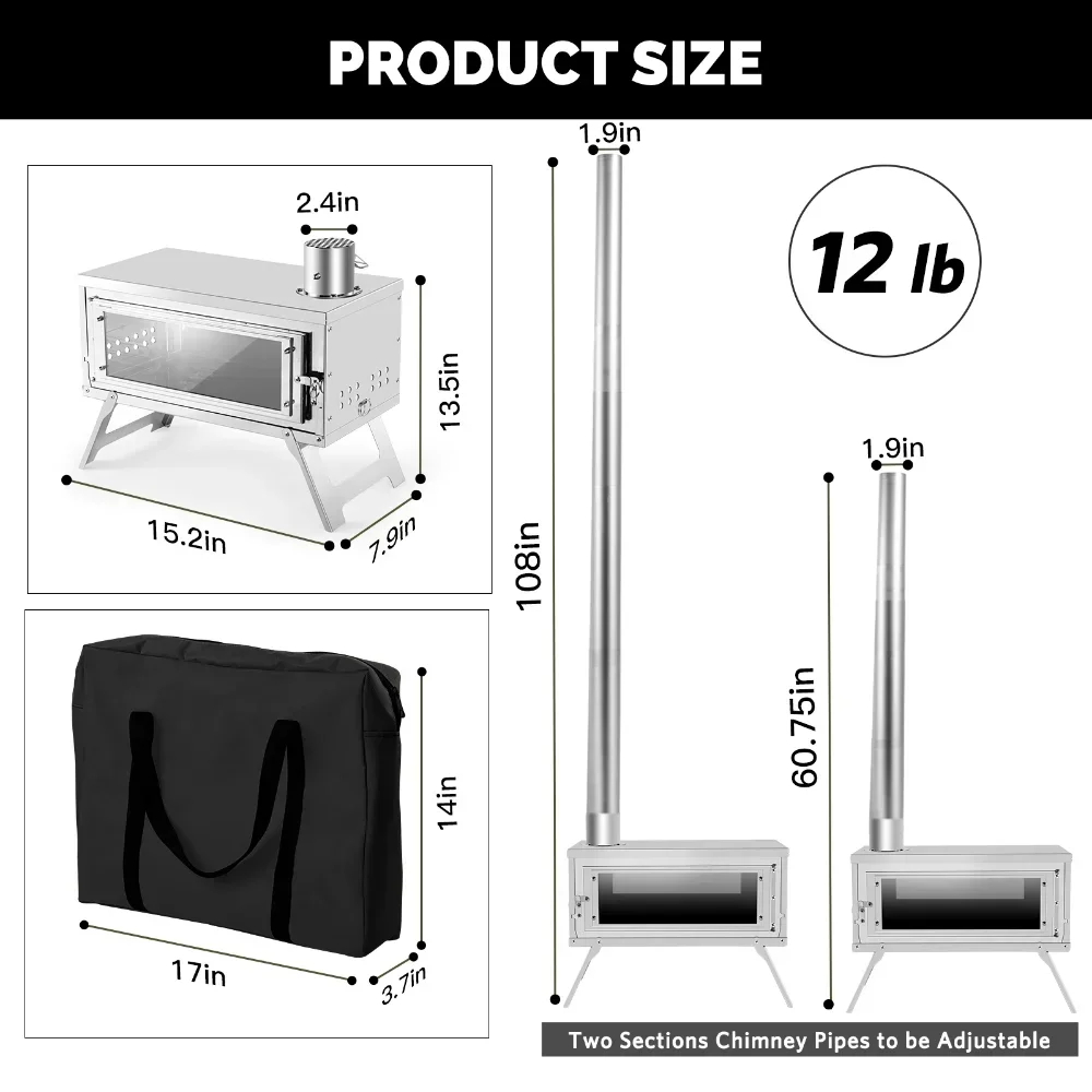 Estufa de leña de combustión secundaria, Montaje compacto, fácil hoguera, ventana de vidrio resistente al calor con chimenea, estufa de Camping al