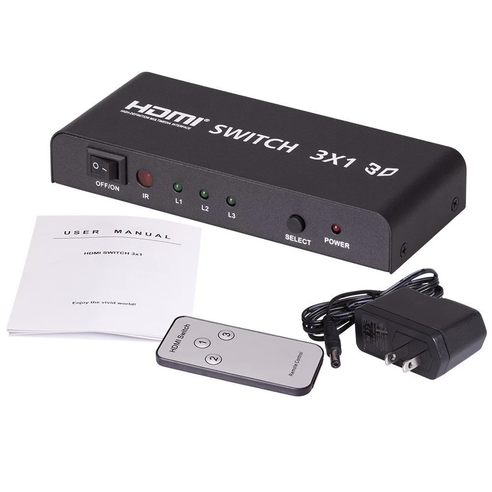 HDMI Switch 3x1 With Three Inputs And One Output Supporting 1080P Display Switch Sharer With Remote Control Power Supply