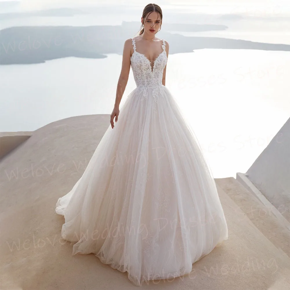 Vestidos de casamento requintados para mulheres, apliques graciosos, vestidos de noiva com renda, cintas de espaguete sexy, vestido sem costas