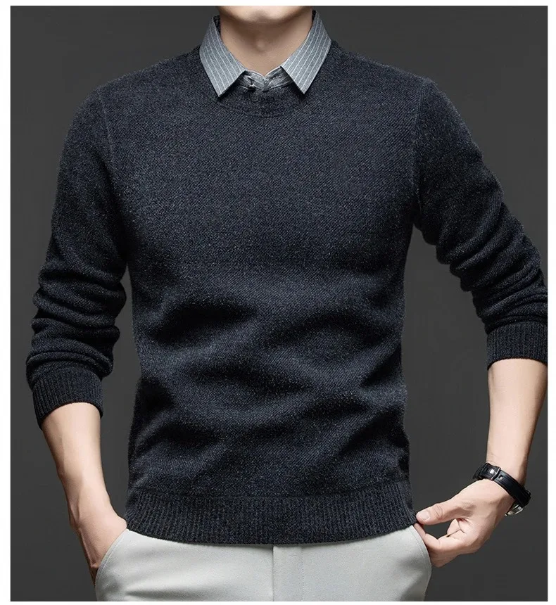 Hochwertiger, warmer Plüsch-Strickpullover für Herren, Herbst-Winter-Komfort, lässige Mode, gefälschter zweiteiliger gestreifter Hemdkragen-Pullover – Detail 8