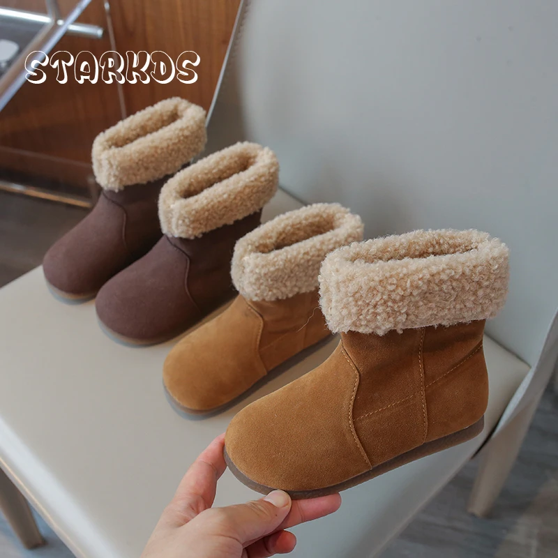 Cosy Lambswool Boots Kids Warm Plush Pull-on Flat Booties Boys Girls Winter Round Toe Anti-slip Fluffy Snow Botas