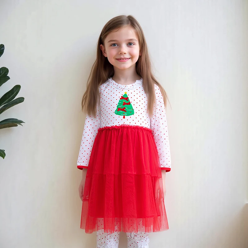 Little Maven Kinderkleidung Kinder Langarm Mesh Kleid Cartoon Weihnachtsbaum Baby Mädchen Herbst Baumwolle Weihnachtskostüme