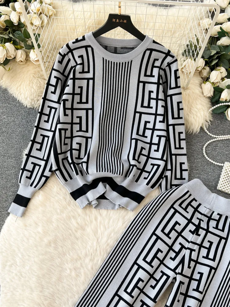 Fashion Knitted Two Pieces Suits Round Neck Labyrinth Print Loose Sweater+Wide Legs Long Pants Women Korean Style Casual Sets