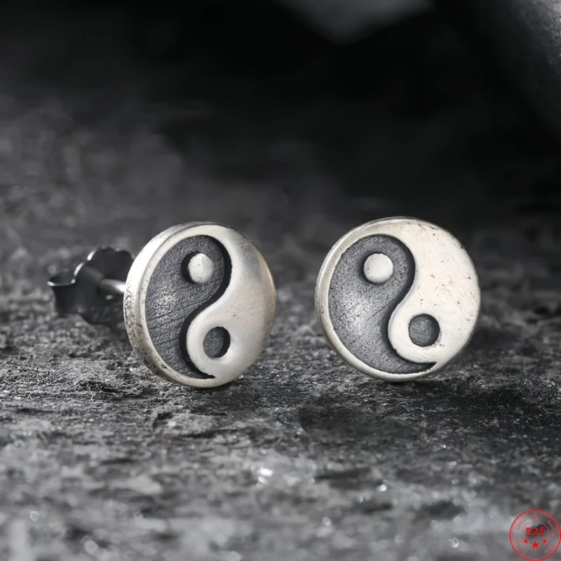 NEW Real S925 Sterling Silver Charms Stud Earrings for Women Ancient Tai Ji Pattern Ear Stud Fashion Punk Fine Choice Jewelry