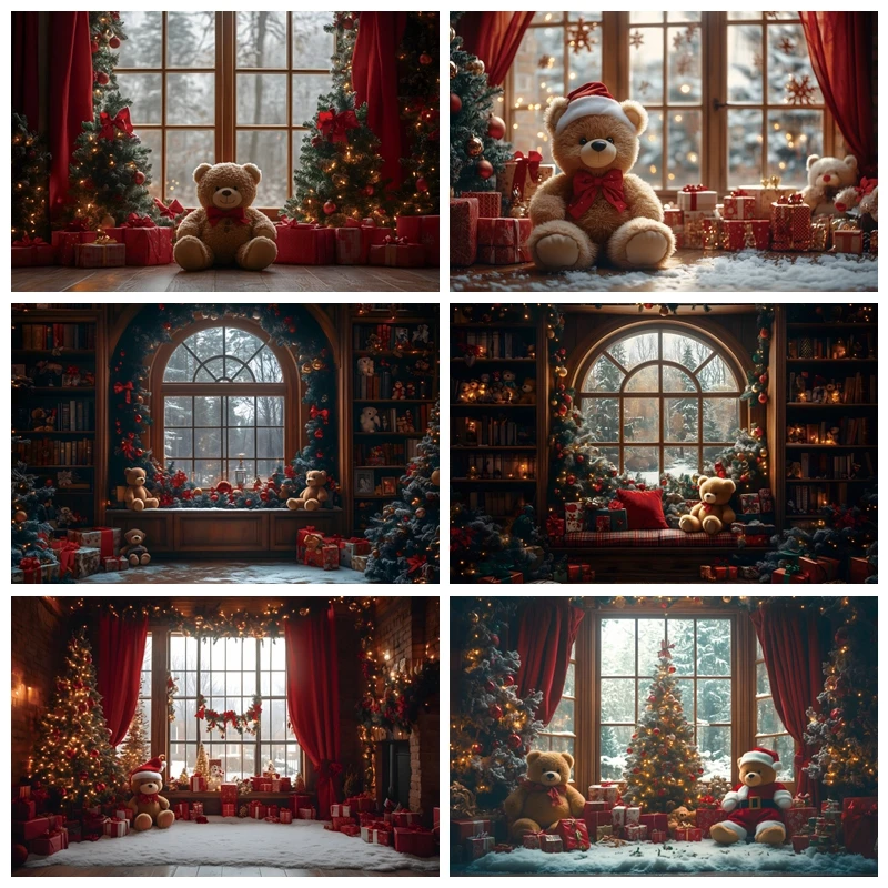 

Merry Christmas Photography Backdrop Retro Palace Wooden Shelf Teddy Bear Gifts Xmas Tree Background Kids Family Portrait Prors