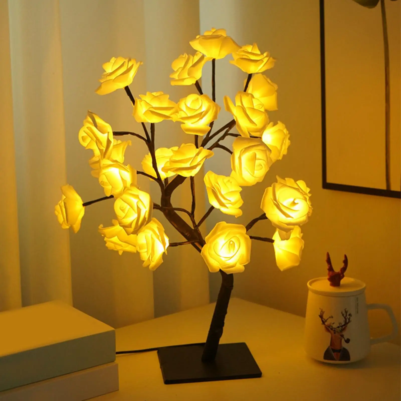 24 LED Table Lamp Rose Flower Tree Light Gift USB Night Light for Home Bedroom Living Room Party Wedding Christmas Decoration