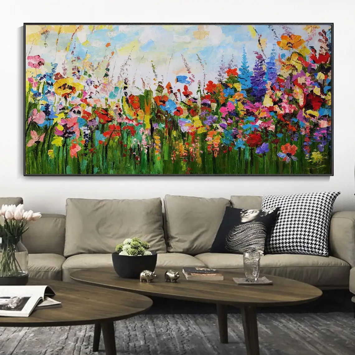 

Boho Floral Wall Art Spring Decor Large Plant Abstract Painting Colorful Iris Handmade Oil Painting For Living Room Home Decor