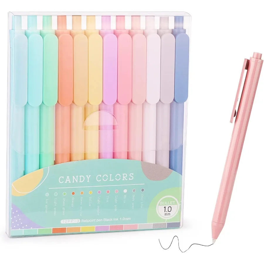 

12 шт. шариковые ручки, удобные пастельные выдвижные ручки для письма, черные чернила для путешествий, средняя точка 1,0 мм, подарок, милые офисные принадлежности
