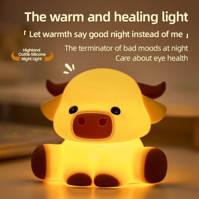 Lampka nocna Highland Cattle z timerem, lampki LED do karmienia, lampka biurkowa anime, dekoracje do pokoju, lampki silikonowe, prezenty urodzinowe dla dzieci.