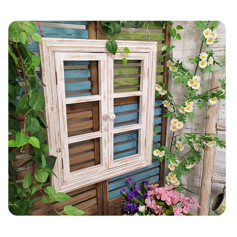 Handmade Farmhouse Retro Vintage Wood Wall Decor Window Frame with Openable Doors