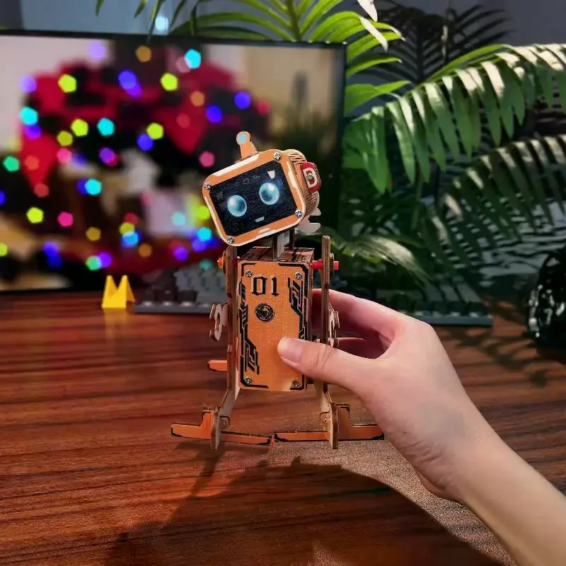 1 Zestaw Edukacyjnych Klocków Konstrukcyjnych Zabawka do Składania DIY Robot Naukowy Puzzle Drewniane 3D Robot Aktywowany Głosem Zestawy STEM dla Dzieci i Nastolatków