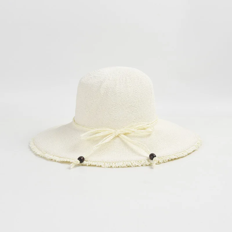 

USPOP 2024 New Fashionable Straw Sun Hat for Women Milk White Wide Brim Beach Hat with Bow