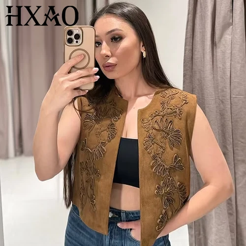 HXAO 2025 Chaleco corto para mujer, chaleco bordado, chaleco de ante de primavera, chaleco sin mangas, cárdigan, nueva ropa de abrigo, Giletes para mujer 066