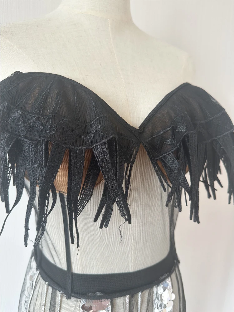 Shiny Silber Pailletten Schwarz Sexy Mesh Perspektive Pailletten Bh Overall Sänger Tanz Kleidung Leistung Kostüm Drag Queen Tragen