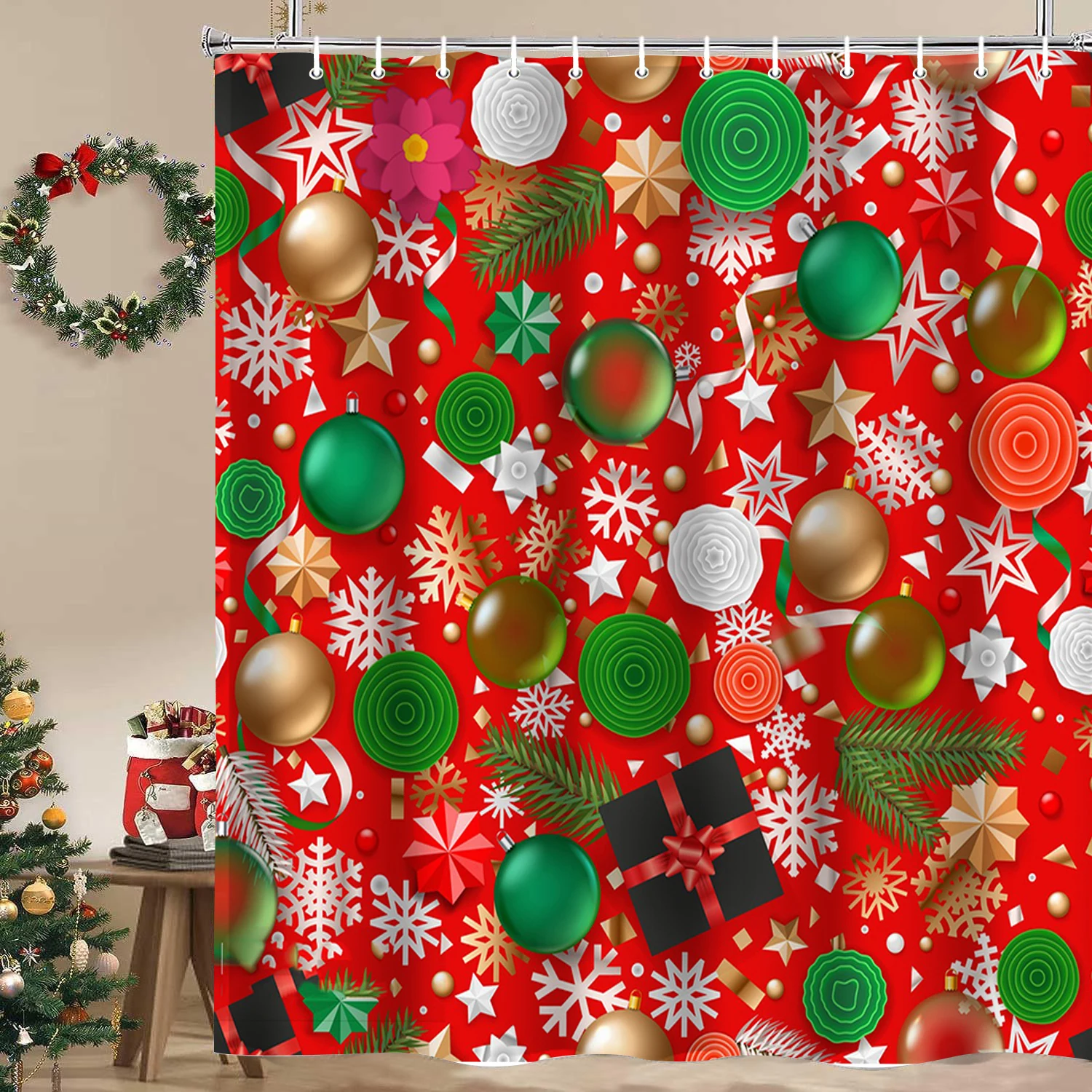 

Christmas Festive decorations balloon pattern Bathroom Shower Curtain With 12 Hooks bathroom decor and accessories