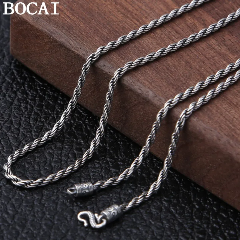 

BOCAI New Fashion 100% Real S925 Silver Jewelry Accessories 1.8mm Vintage Necklace for Man Hemp Rope Weave Pattern