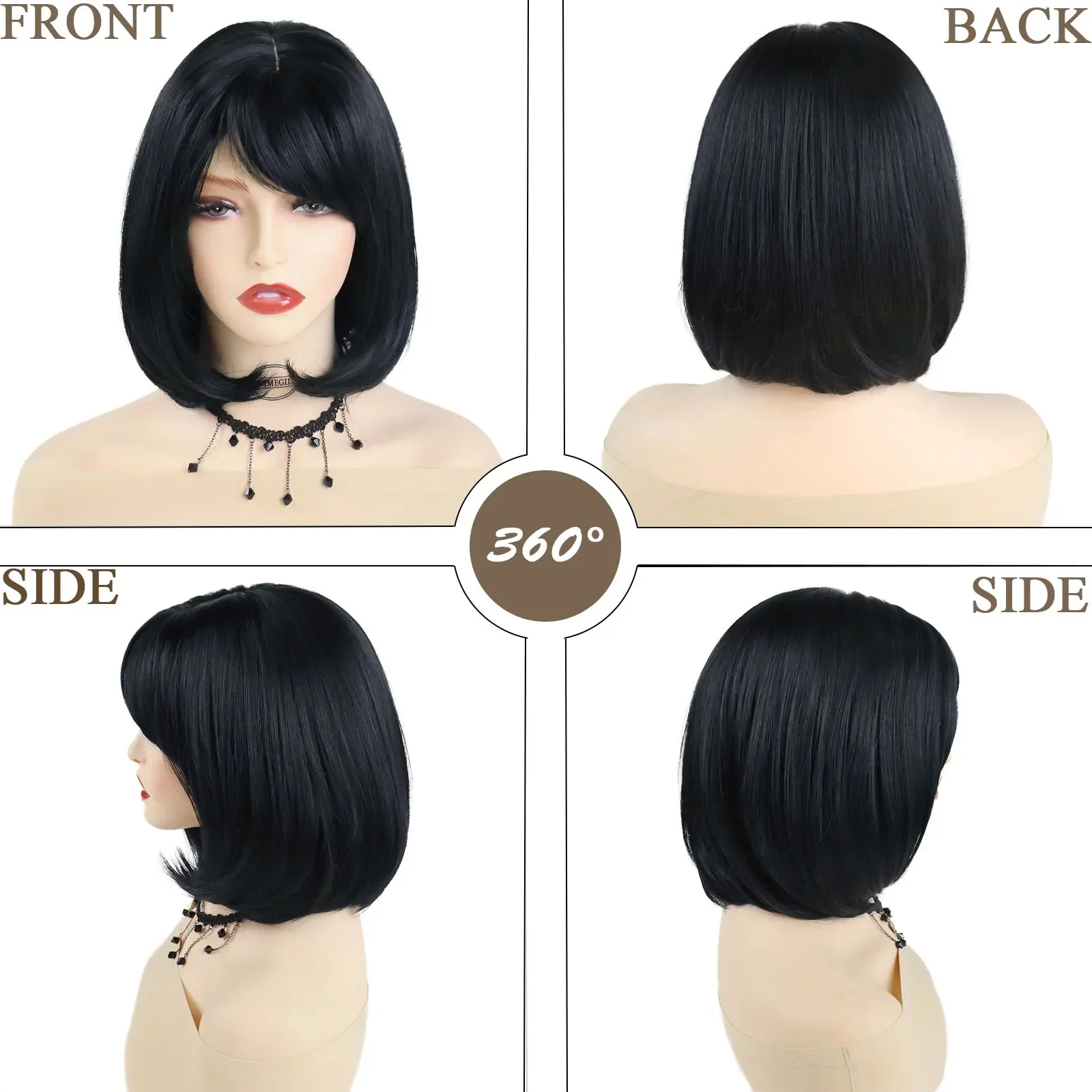 GNIMEGIL Synthetic Black Bob Wig with Bangs Short Haircuts for Women Natural Hairstyle Replacement Wigs Female Black Wigs Mother