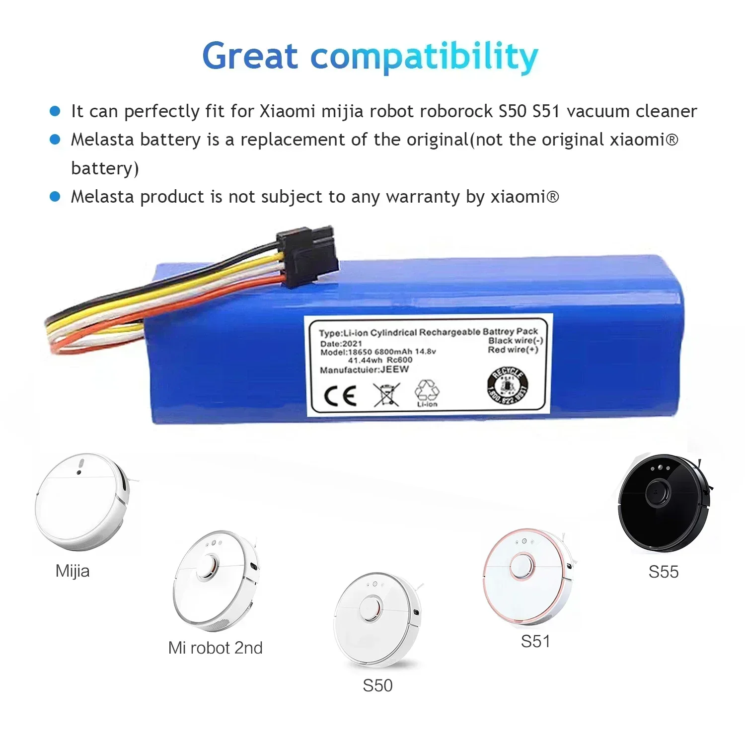 6800mah li-ion Robotic Vacuum cleaner Replacement Battery for Xiaomi mijia 2nd Robot Roborock S50 S51 S55 Accessory Spare Parts