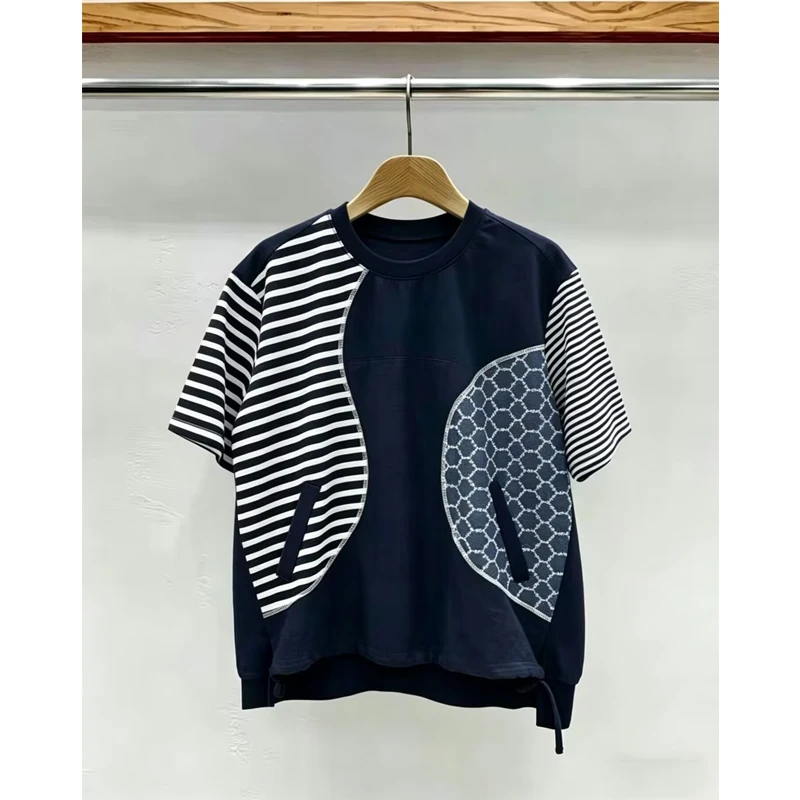 Loose Fit Women's round Neck Short Sleeve T-Shirt Striped Color Block Casual Top Asymmetrical Design Summer New Arrival
