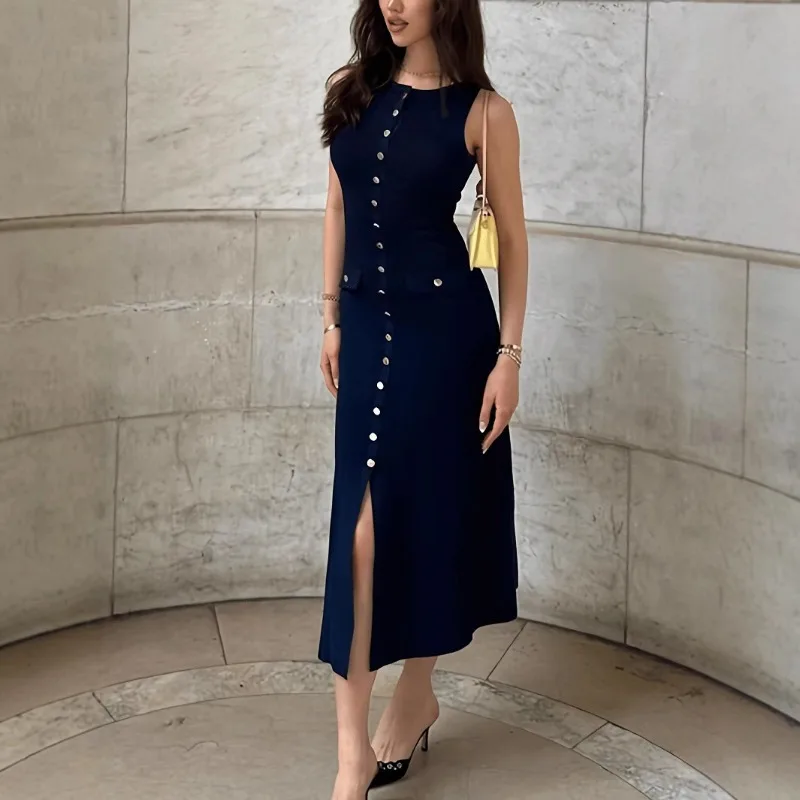 

2026 Spring Elegant Ladies Knitted Ribbed Long Dress Crew Neck Sleeveless Button Slim Slim Skinny Dress
