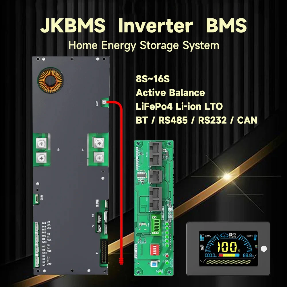 JKBMS PB2A16S20P V19 Smart BMS 8S-16S Lifepo4/Li-ion/LTO 24V 48V 100A 200A Family Energy Storage BMS For Growatt Deye Inverter