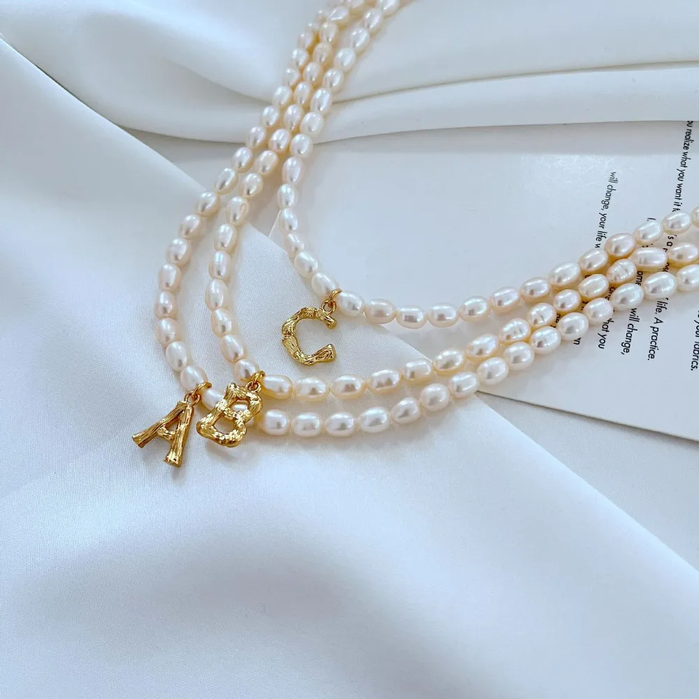 Fashion French Elegant Cold Style Metal Gold-plated Bamboo Texture 26 Letters Freshwater Pearls Multi-select Necklace Jewelry