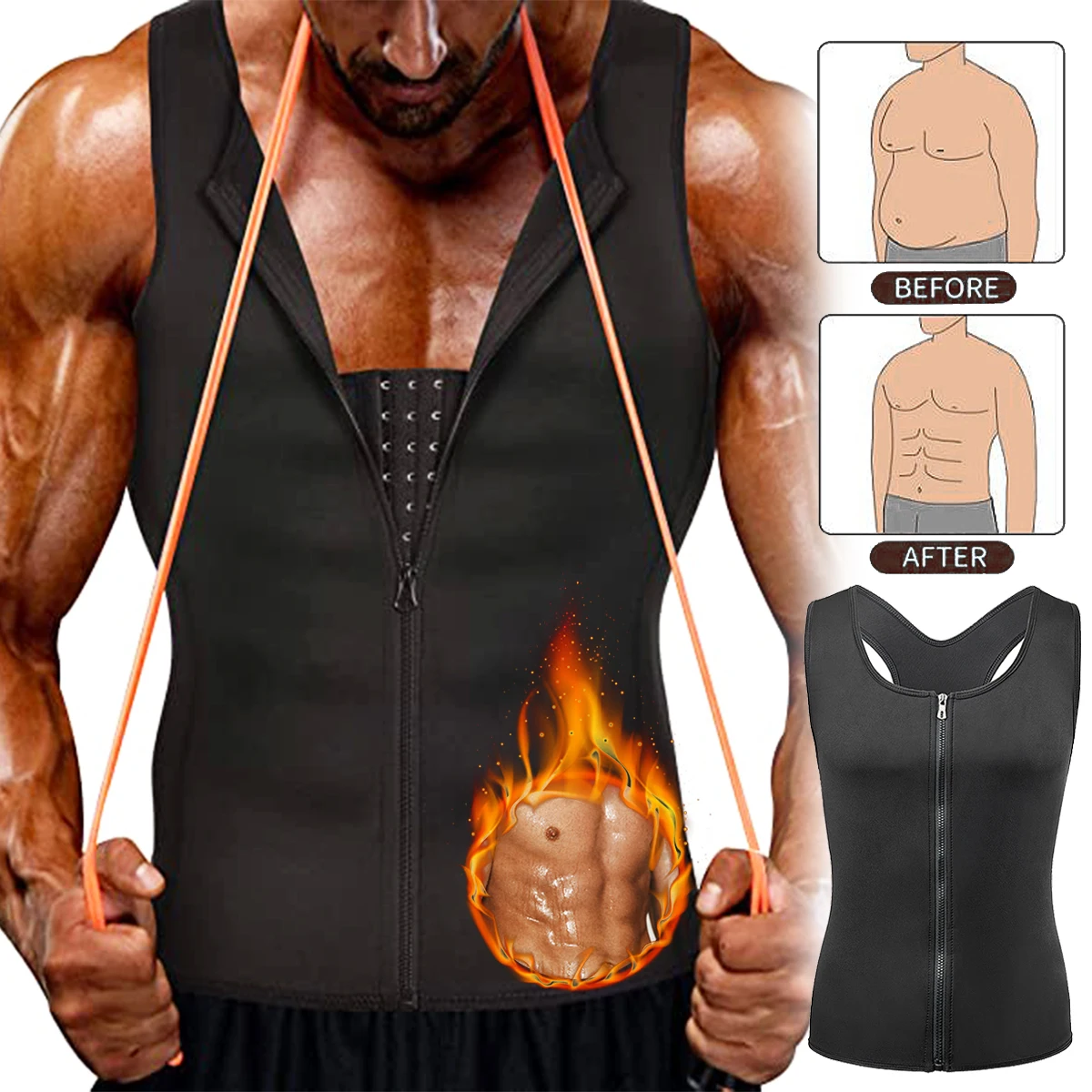 Traje de Sauna moldeador de cuerpo para hombre, chaleco para el sudor, entrenador de cintura adelgazante, camisa para perder peso, quemador de grasa, camisetas sin mangas de entrenamiento, ropa moldeadora con cremallera