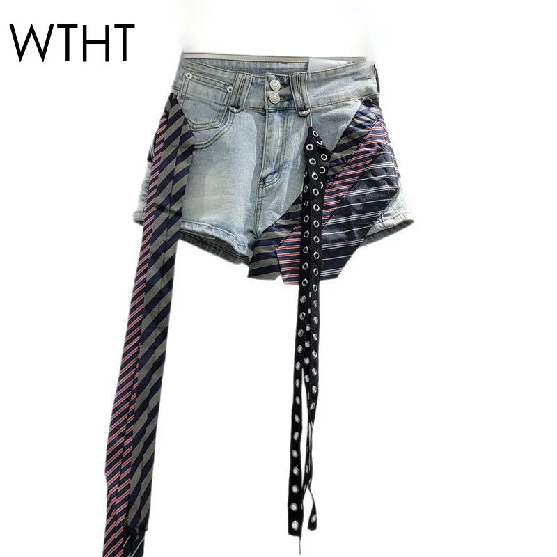 WTHT New Trendy Women Spliced Irregular Striped Ribbon Denim Shorts 2024 Spring High Waist Wide Leg Short Pants Female 1LS947