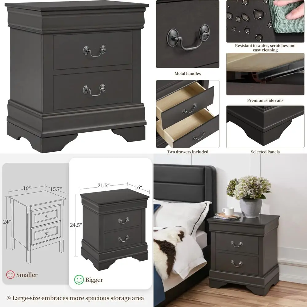 

Classic Wooden 2-Drawer Nightstand with Large Storage, Fully Assembled Bedside Table for Classic Home Decor