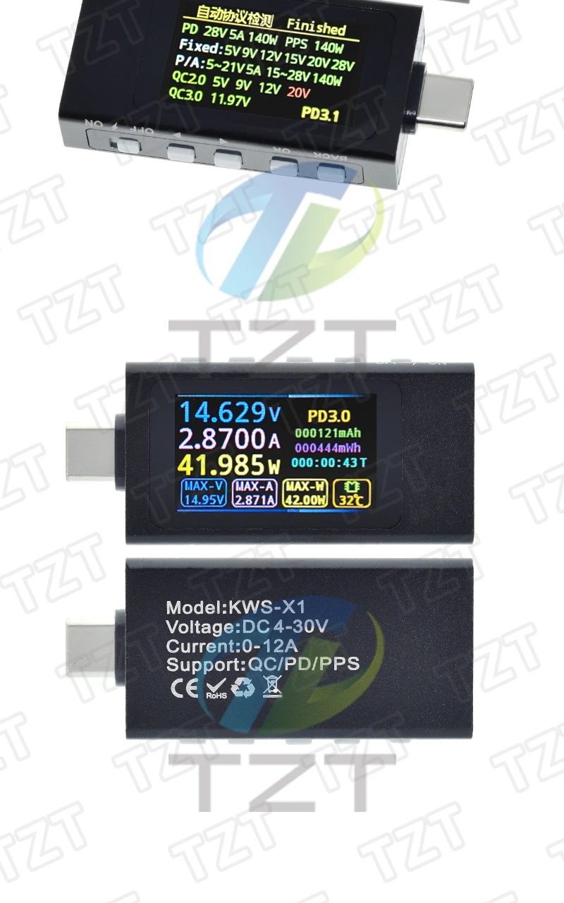 KWS-X1 Typ-C Strom- und Spannungsmonitor DC 4-30V 0-12A Leistungsmesser Tester PD Batteriekapazität Digitaler LCD-Anzeigemesser – Detail 14