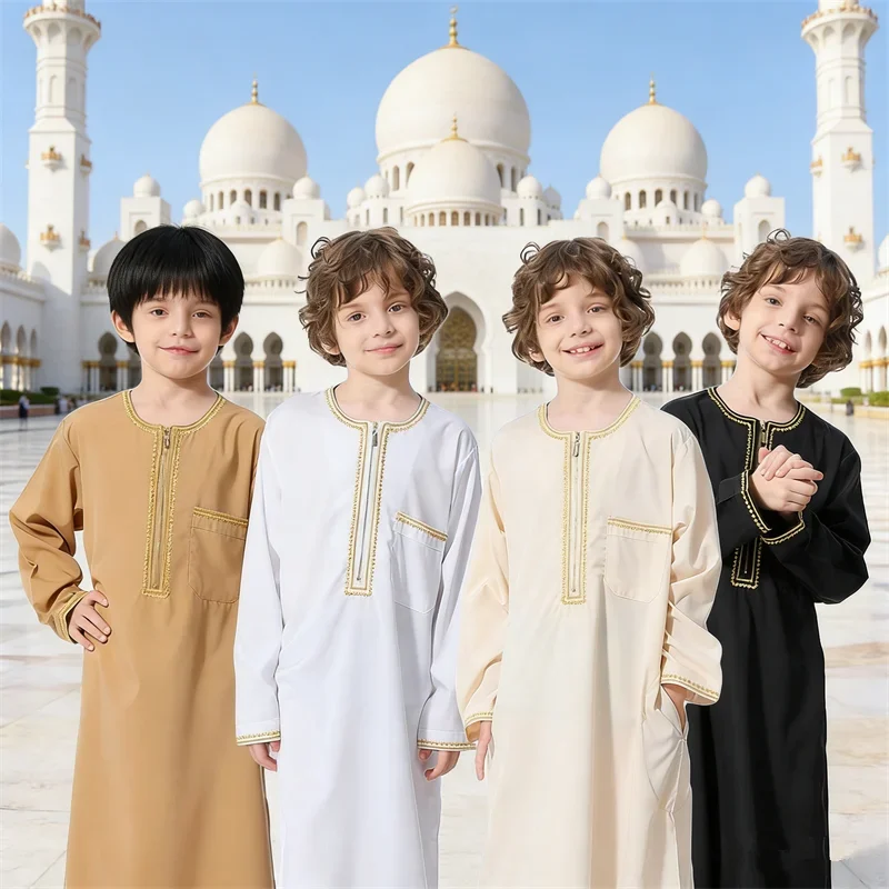 

New 2025 Dubai Arab Muslim Kids Boys Clothes Abaya Caftan Robes Islam Ramadan Clothing Qatar Child Kaftan Eid Djellaba Abayas