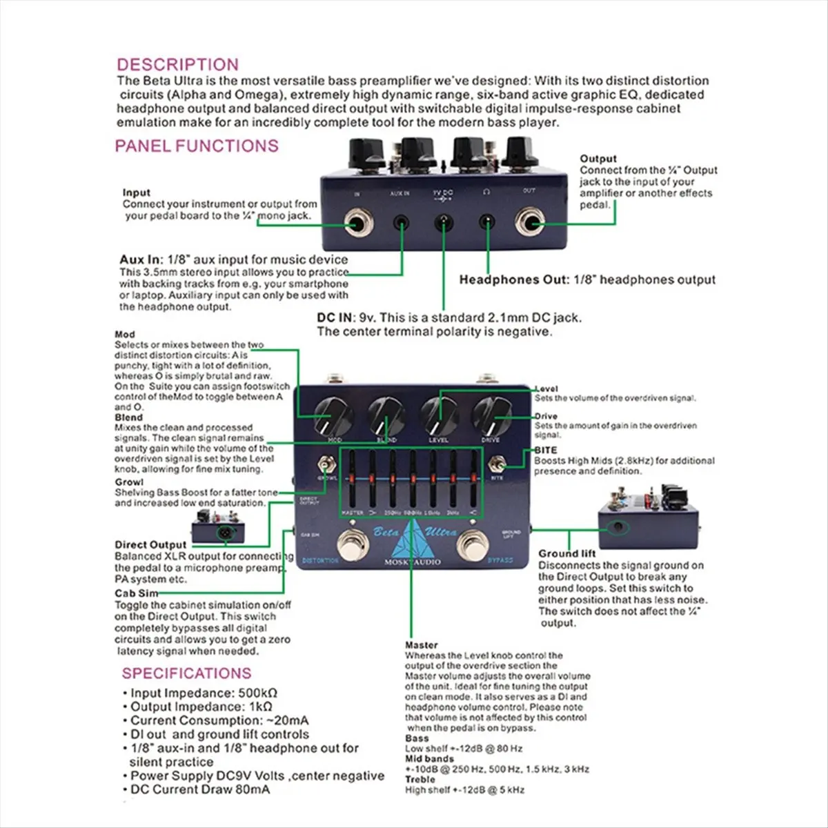 

Предусилитель A61P Mosky Beta Ultra Bass с эффектом дисторшн и 6-полосным эквалайзером для электрогитары и баса