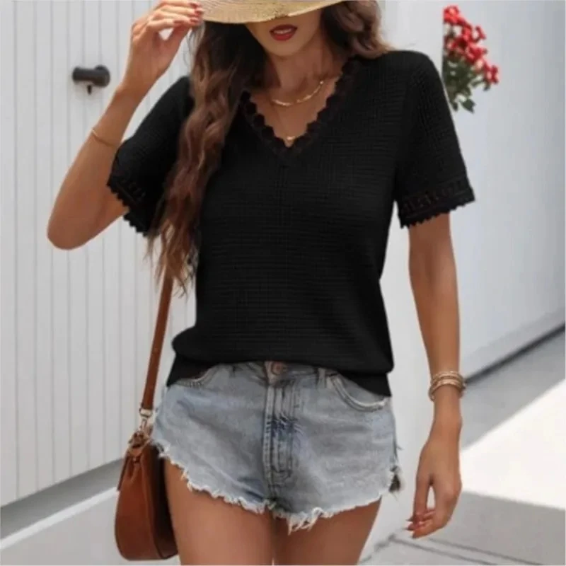 

2026 V-neck Short-sleeved Loose Waffle Lace Patchwork T-shirt Top Spring And Summer Women's Beach Hollow Fashion Casual Pullover
