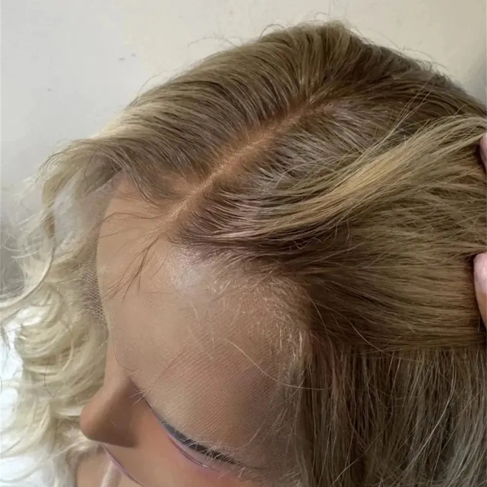 Top Sale Ombre Light Blonde Synthetic Lace Front Wigs Loose Wave Brown Roots 16 Inches Pre Plucked Hair High Temperature Silk
