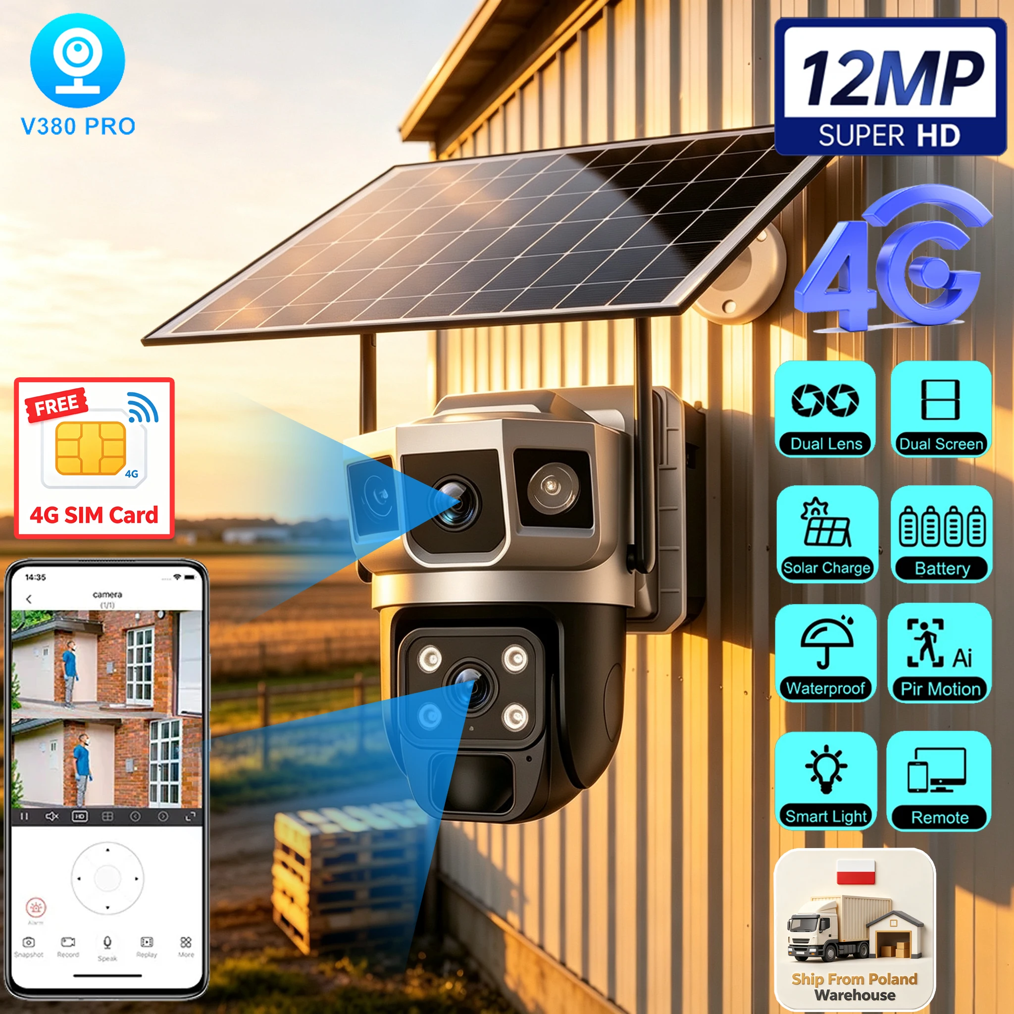 V380 Pro, telecamera solare 4G da 12 MP per esterni, con doppia lente, doppio schermo, funzione PTZ, monitoraggio video per la casa intelligente, rilevamento umano tramite sensore PIR, visione