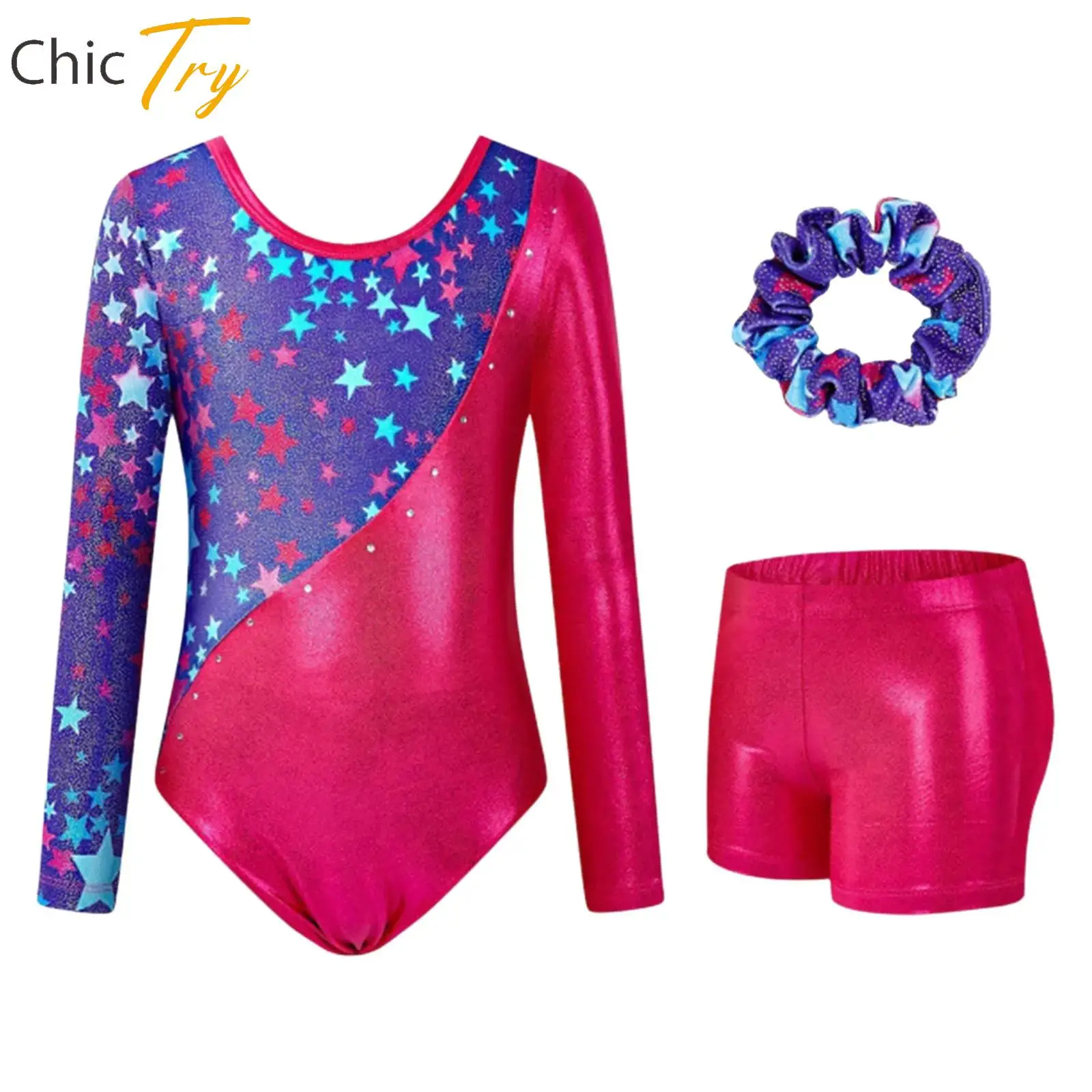 

Long Sleeved Rhythmic Gymnastics Outfit Kids Girls Metallic Stylish Printed Athletic Figure Ice Skating Ballet Dance Costume Set