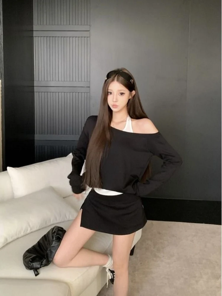 

KING BRAND Anti-Aging oulder-Bared Long Sve Sweatirt Design Split Tight-Fit f Skirt Women's Autumn Set Casual Chic