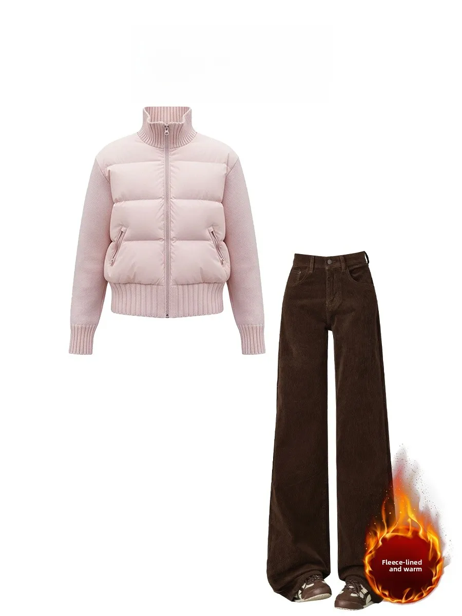 

Winter 2025 Sweet Korean Style Knitted Splicing Cotton Jacket And Fleece Lined Jeans Set Women's Fashion Warm Casual Wear