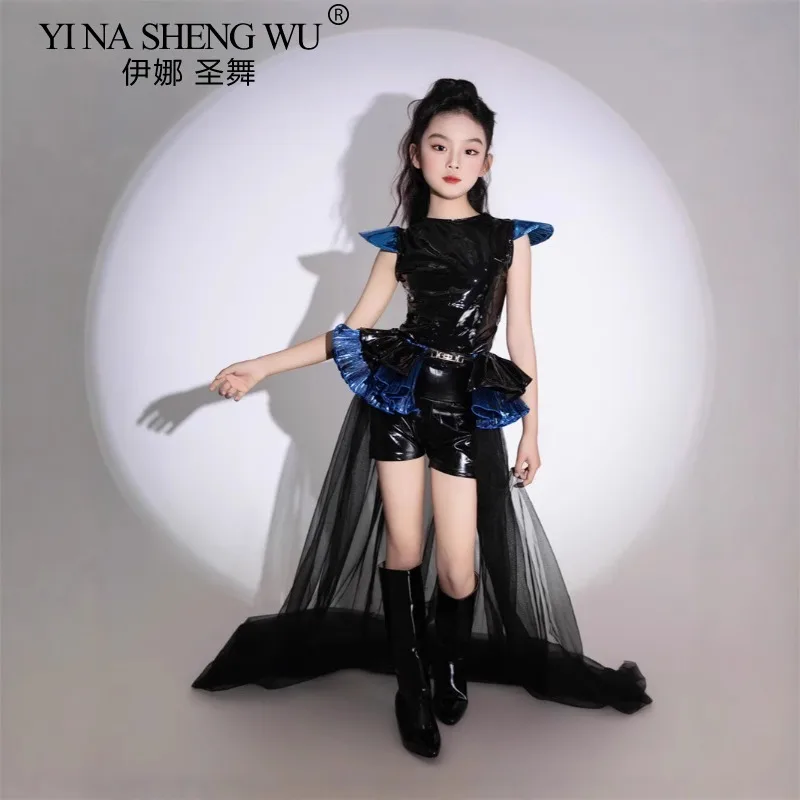 

Girls Trendy Runway Show Clothing Children's Jazz Dance Costumes Modern Dance Street Dance Performance Black Leather Clothes Set