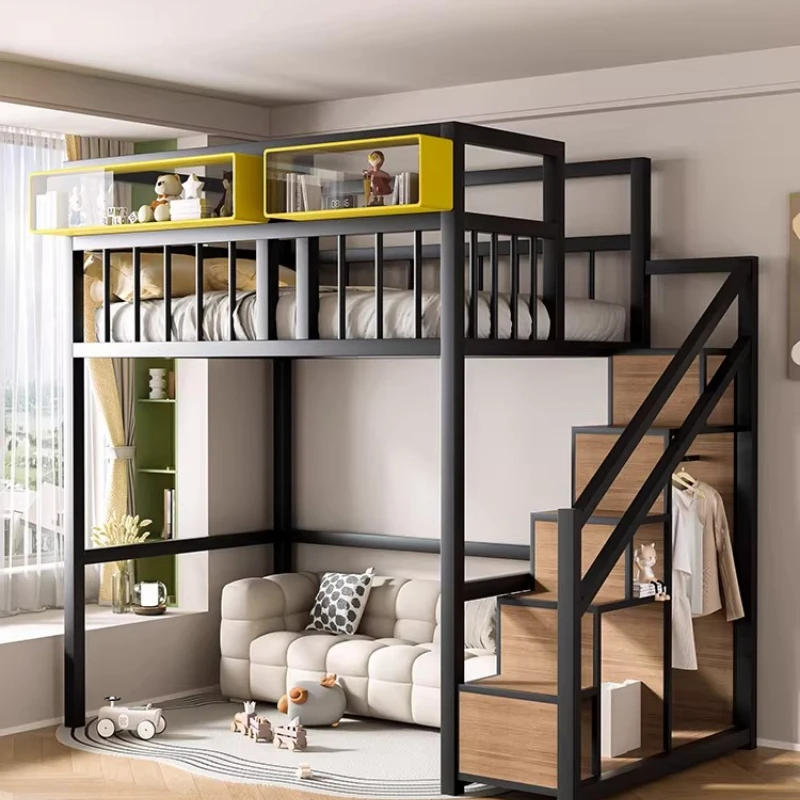 Children's elevated bed, small apartment loft with shelf, second floor bed, lower table combination, lower empty wrought iron