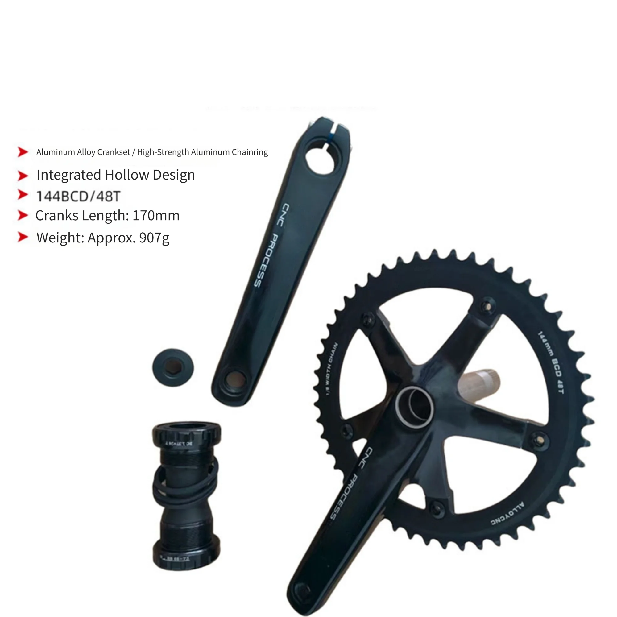 48T 144BCD Hollow Single Unit CNC Aluminum Alloy Bicycle Crankset Black Anodized Finish For Density For Fixed Gear Track