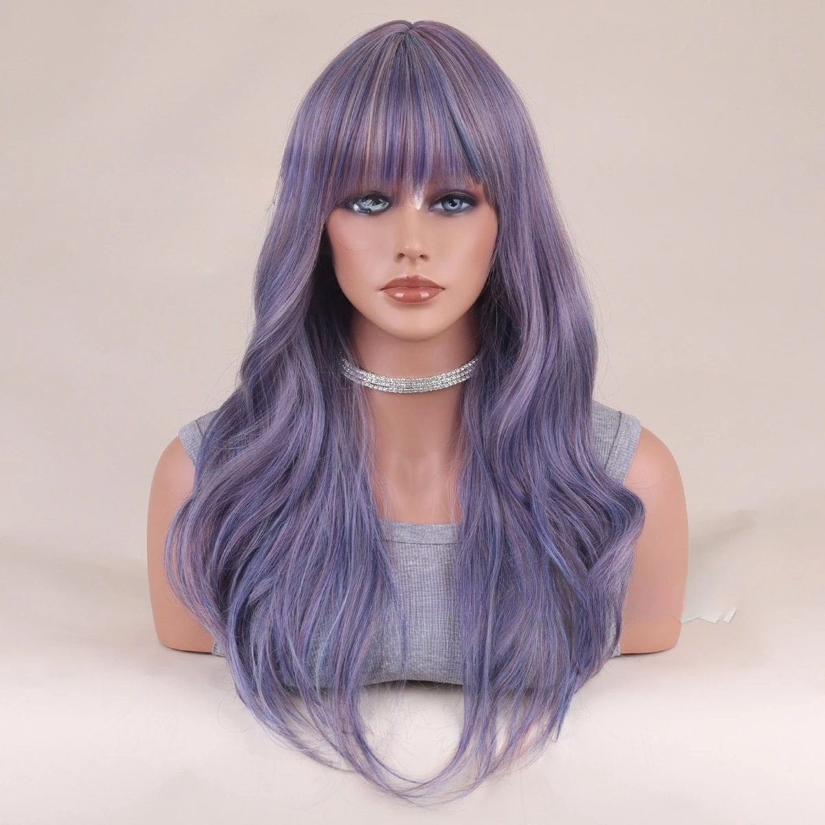 

New European and American light purple wig, women's long curly hair, Qi bangs wig, full headgear wigs.