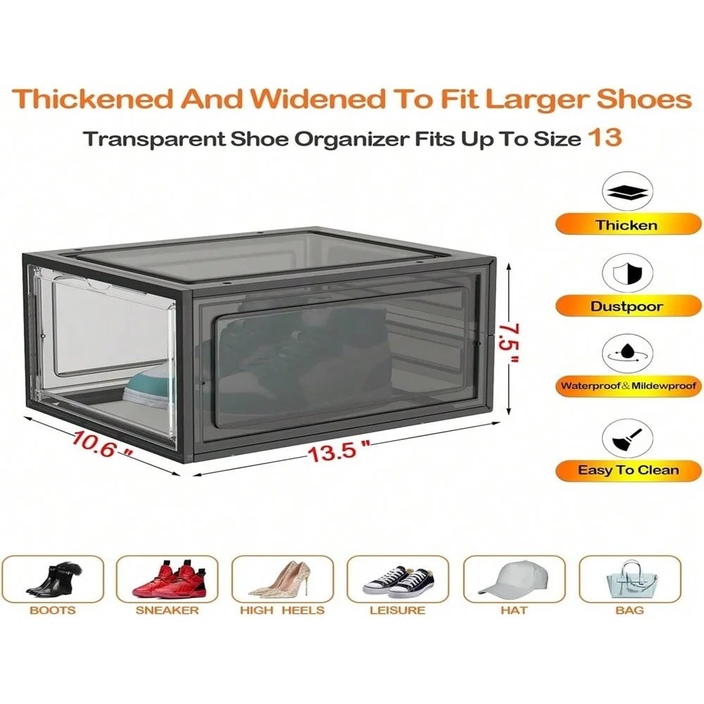 6 Pack Large Plastic Shoe Storage Boxes Stackable Magnetic Door Dustproof Organizer for Men/Women Sports Shoes up to Size 13 image 3