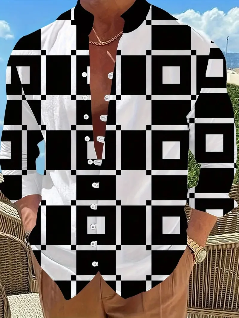 Men Linen Shirts New Print Button Shirt Fashion Stand Up Collar Loose Men's Shirts Streetwear Casual Beach