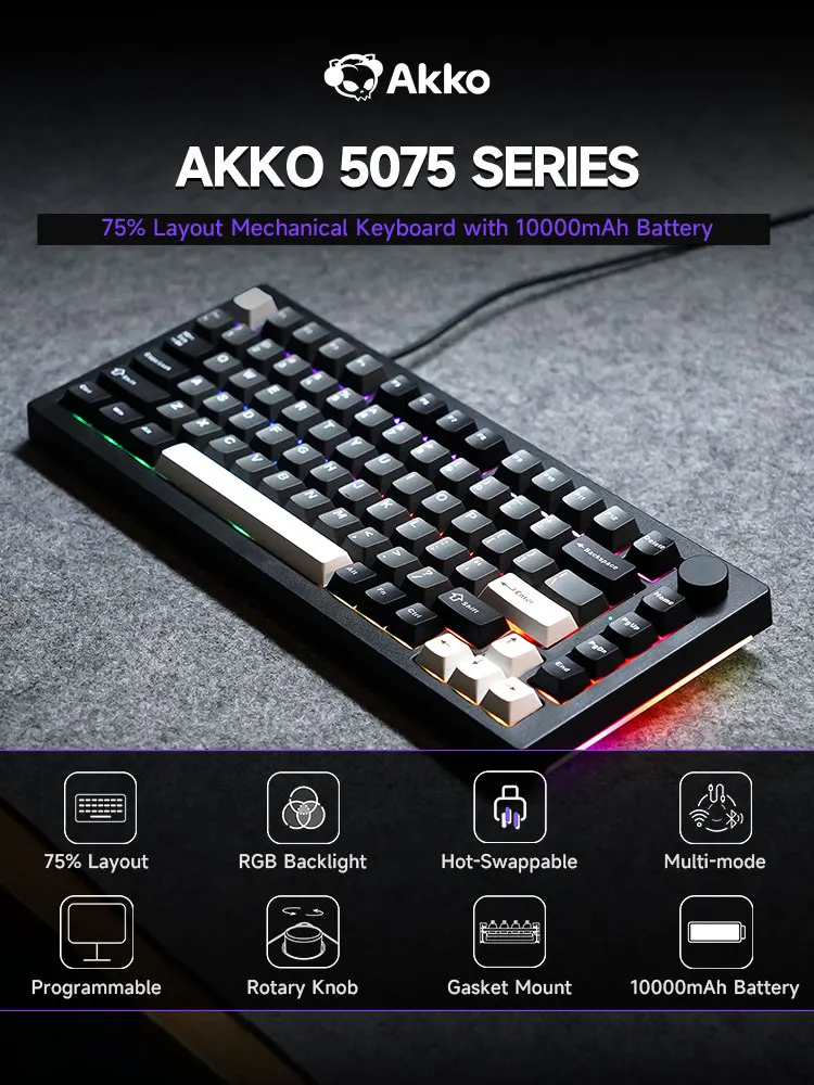 Akko 5075 V3 75% mechanisch toetsenbord 8000/10000 mAh 2,4 GHz Draadloos/bekabeld Type-C/BT 5.0 Hot Swap RGB-pakking voor gaming typen - afbeelding 2