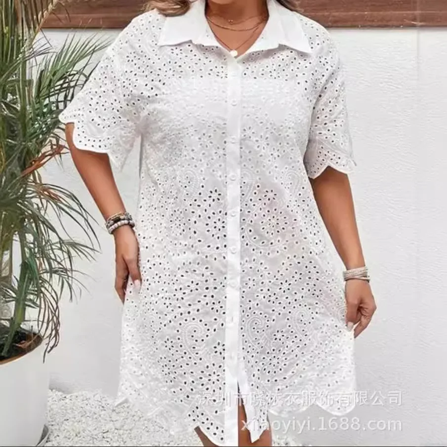

Elegant plus size women's lace hollow out long cardigan, short sleeved shirt, dress