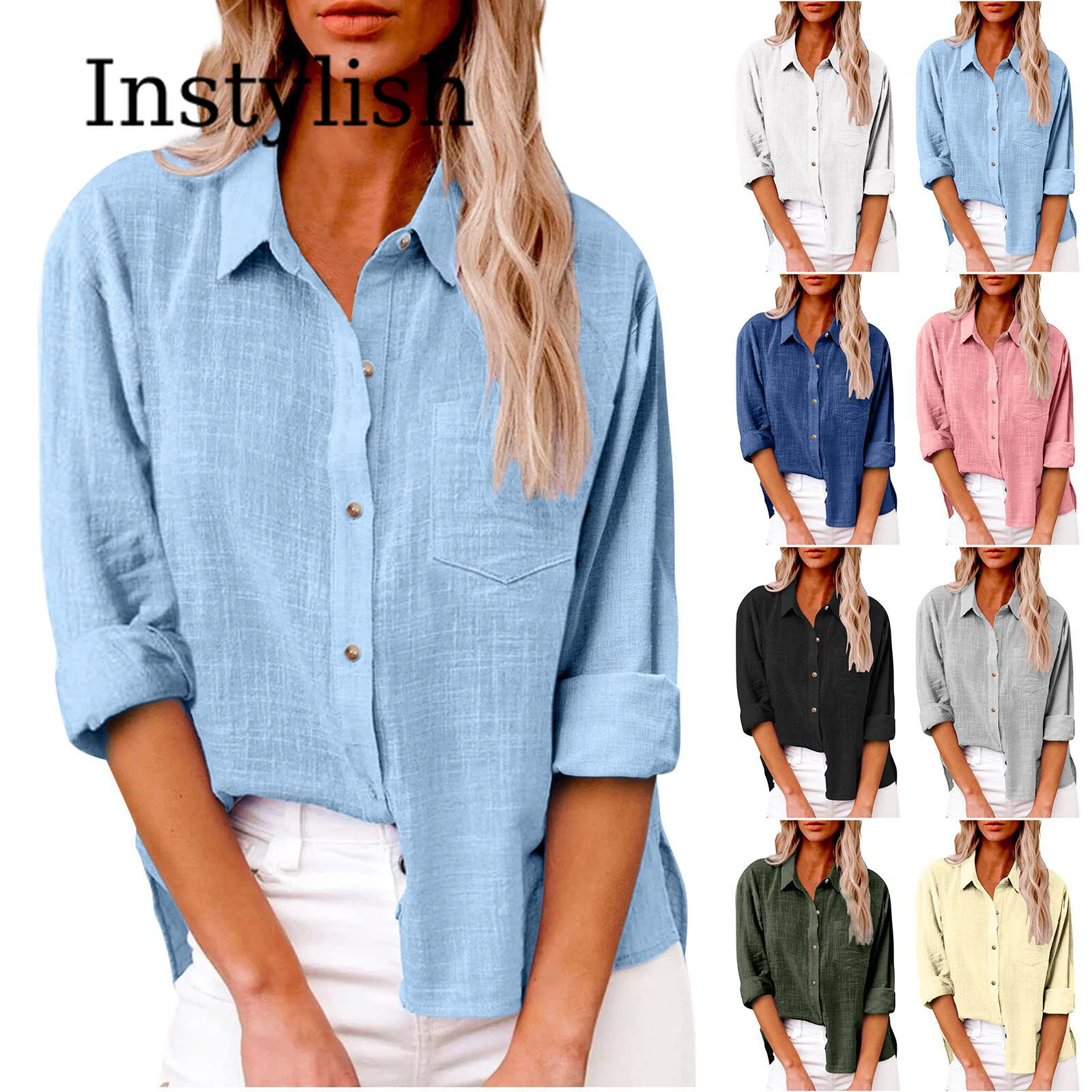 Women's Cotton Linen Button Down Shirt Roll Tab Sleeve Casual Blouse with Pocket Loose Fit Solid Color Daily Office Wear Tops