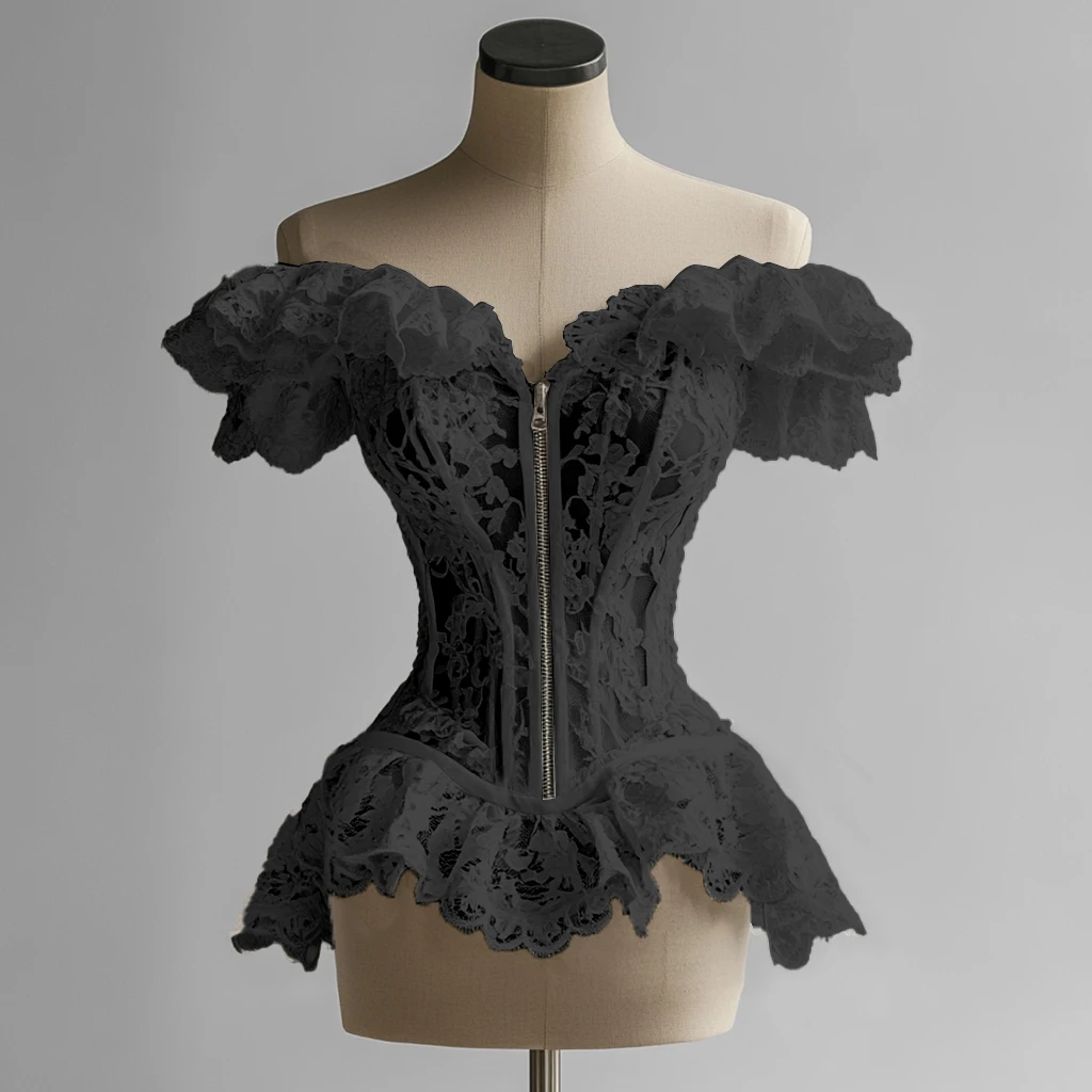 Camisa feminina de renda branca bodycon, ombro de fora, mangas com babados, slim fit, bainha com babados, espartilho, top curto para festa, clube, roupa de noite