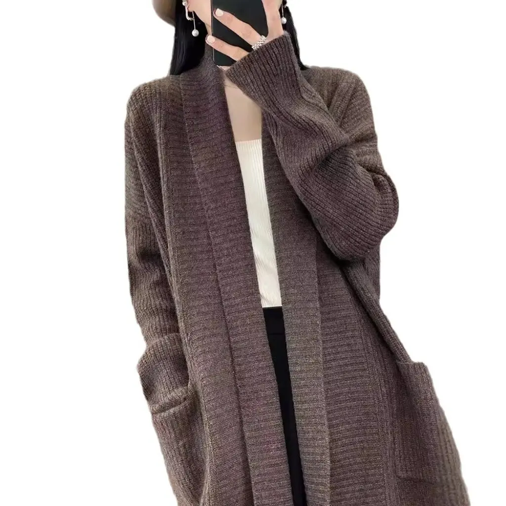 

Women's Autumn Winter Thickened Lapel Pit Strip Double Pocket Knitted Cardigan 100% Wool Mid-Length Loose Comfortable Style