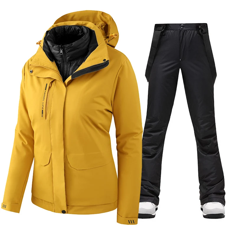 겨울 여성 따뜻한 방수 방풍 스노보드 다운 재킷 및 스노우 바지, 스키 의상 오버올, 여성 다운 코트